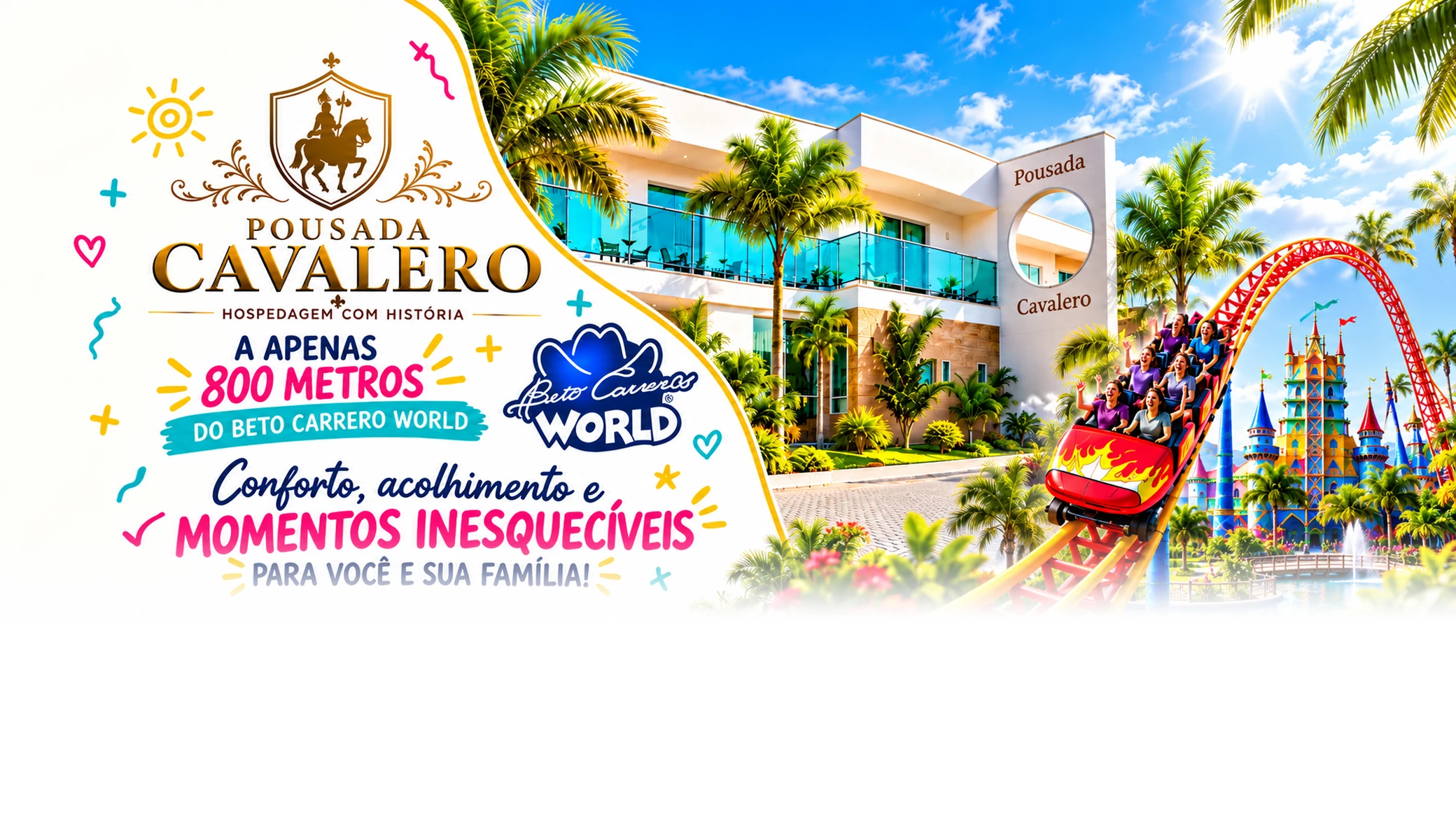 Arte promocional da Pousada Cavalero próxima ao Beto Carrero World